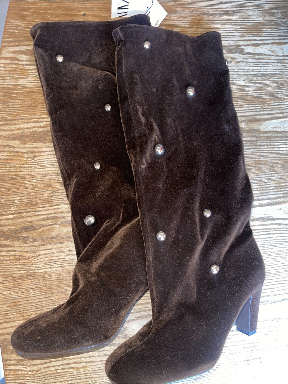 Zara Embellished Brown Velvet Knee-High Boots - Women's